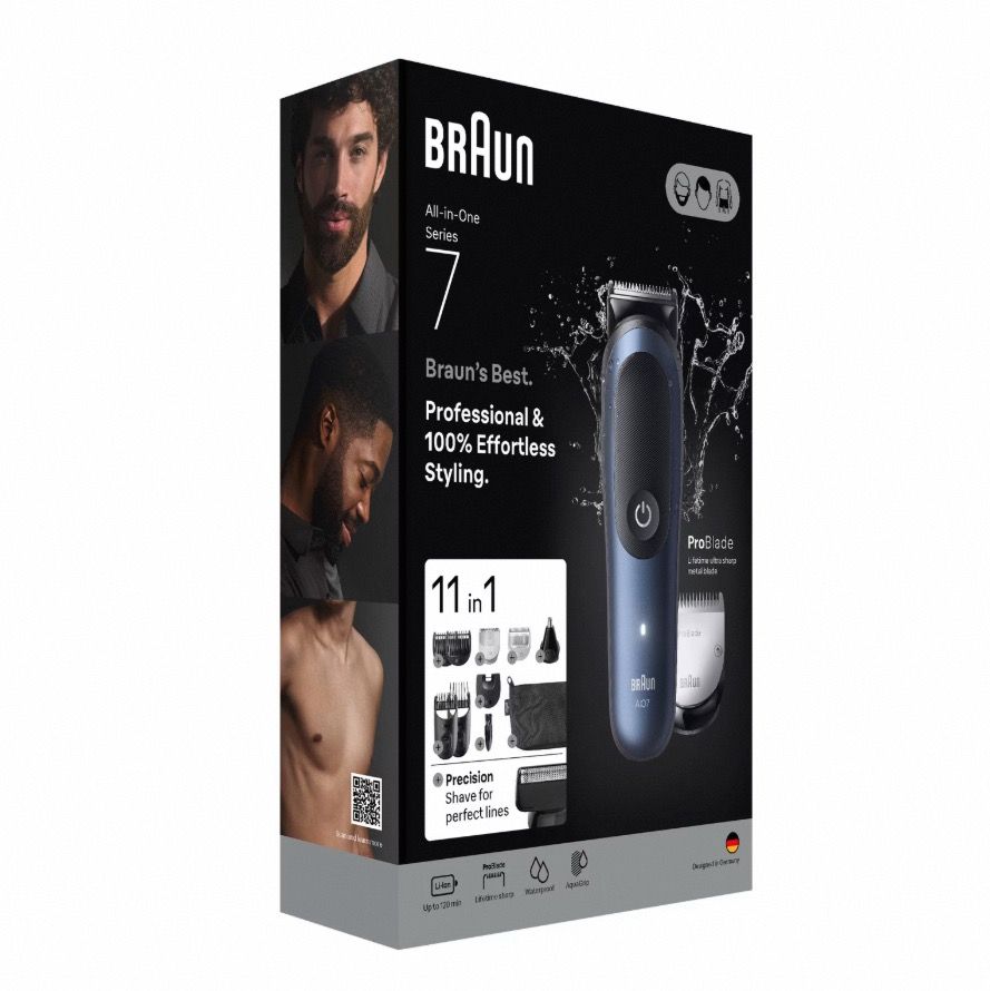 Braun Cortapelos All-in-One Series 7, AIO7540 Kit 11-en-1 y AIO7580 Kit 15-en-1, cuchilla ProBlade, tecnología AutoSense, 120 minutos de autonomía, protección SkinGuard, degradado de barba, mango AquaGrip sumergible