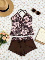 Conjunto De Playa Y2K Para Mujer Con Estampado De Hibisco Tropical Top De Hombros Delgados Con Cuello V Y Shorts De Cintura Baja Estilo Casual - details 4