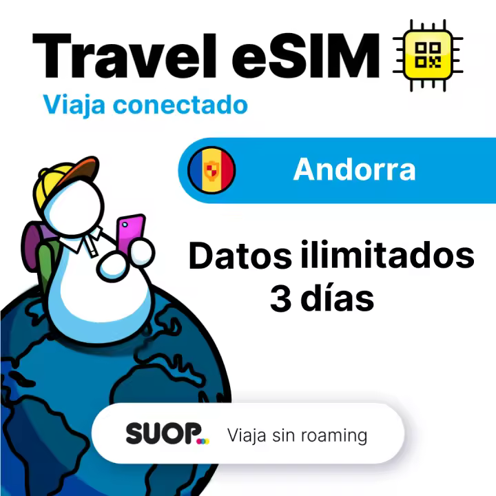 SUOP Travel eSIM para Andorra con datos ilimitados. Tarjeta prepago. Viaja sin roaming. Internet móvil de alta velocidad - 1