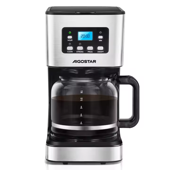 Aigostar Darcy - Cafetera de Goteo con Temporizador Programable, 950W,1.5L(12 Tazas),Pantalla LCD, Filtro Reutilizable, Auto Apagado, Función Mantener Caliente. Función Auto Limpieza (Descalcificación)
