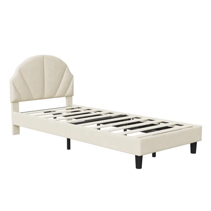 Cama Infantil Beige 90x200 cm de Terciopelo con Cabecero de Concha, Altura Ajustable y Somier de Lamas - 1