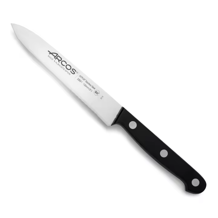 Arcos Cuchillo Pelar Acero Inoxidable. Cuchillo para Tomates conierra para Cortar y Picar. Mango Ergonómico Polioximetileno y Hoja 130mm. Serie Universal. Color Negro. - 1