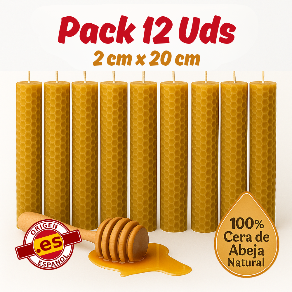 Vadeincienso - Lote de 12 Velas Cera de Abeja Española 100% Natural Hechas a Mano 2x20 cm para Meditación y Relajación