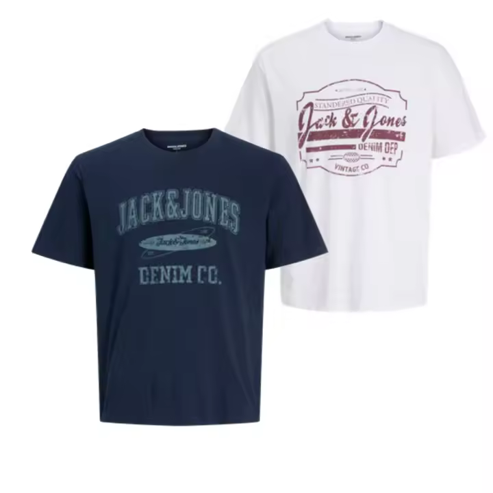 Jack & Jones hombre Pack 2 camisetas de Algodón, Serie PREMIUM Mod JPRSTAR 25, Logo Efecto Desgastado, manga corta Moda Casual Informal, REF 12276505 - 1