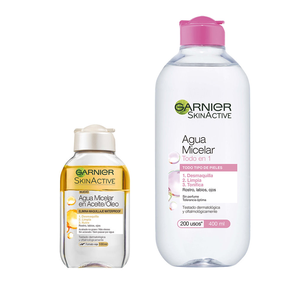 GARNIER | Skin Active Agua micelar todo en 1 para todo tipo de pieles 400ml + Agua micelar aceite para maquillajes waterproof tamaño viaje 100ml