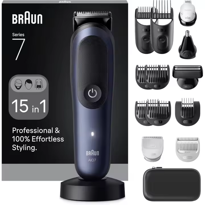 Braun Cortapelos All-in-One Series 7, cuchilla ProBlade, tecnología AutoSense, 120 minutos de autonomía, protección SkinGuard, degradado de barba, mango AquaGrip sumergible - 1