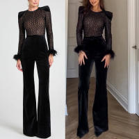 Nueva Moda Mujer Traje De Dos Piezas De Veludo Dorado Con Cuello Redondo Y Manga Larga Slim Fit Color Sólido Sexy Para Todas Las Estaciones - details 1