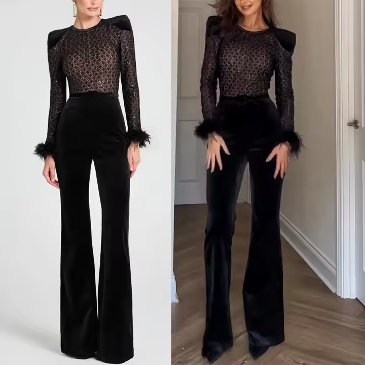 Nueva Moda Mujer Traje De Dos Piezas De Veludo Dorado Con Cuello Redondo Y Manga Larga Slim Fit Color Sólido Sexy Para Todas Las Estaciones - 1