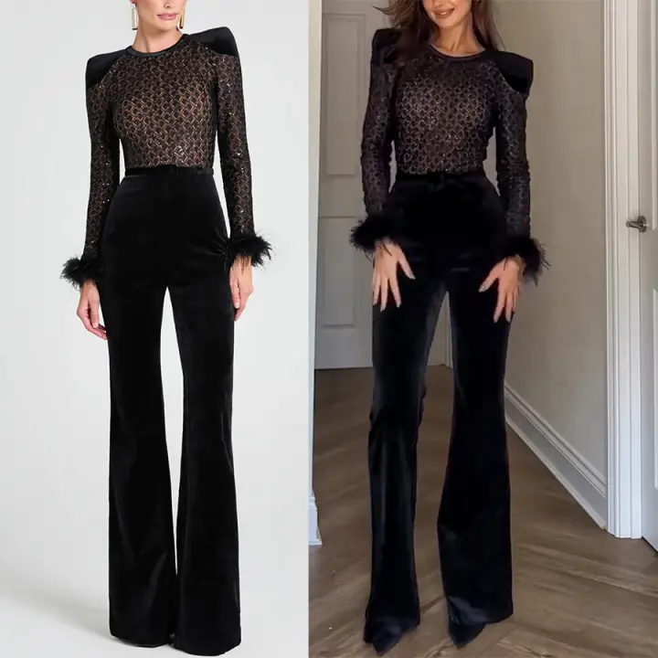 Nueva Moda Mujer Traje De Dos Piezas De Veludo Dorado Con Cuello Redondo Y Manga Larga Slim Fit Color Sólido Sexy Para Todas Las Estaciones - 1