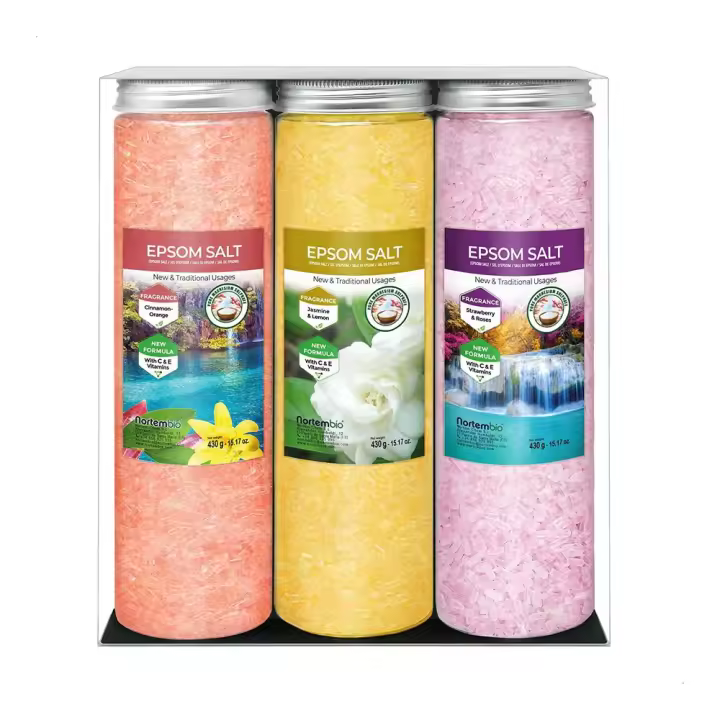 NORTEMBIO Sales de Epsom 100% Fragancia Canela y Naranja + Fresa y Rosas + Jazmín y Limón 3 x 430g | Fuente concentrada de magnesio | Hidratada con Vitamina C y E | E-Book Incluido - 1