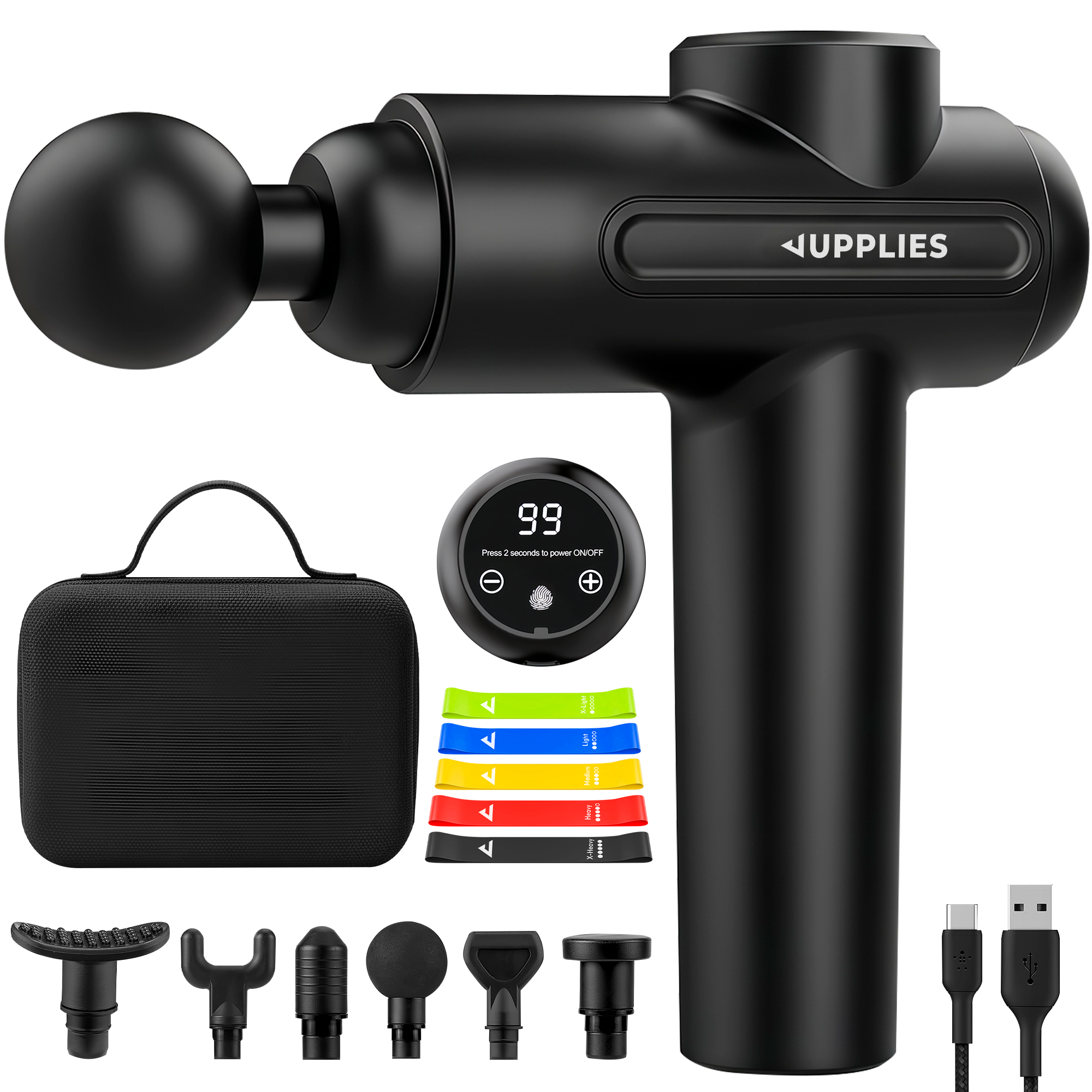 RELAXTY Masajeador Muscular Profesional – Pistola de 30 Niveles, 6 Cabezales Intercambiables, Silenciosa, Batería de 5H, Pantalla LCD Táctil, Estuche Incluido y Carga USB-C | Opción con bandas elásticas incluidas