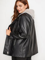 Chaqueta De Cuero PU De Talla Grande Con Cierre De Cremallera Casual Manga Larga Para Otoño Ropa De Mujer Con Cuello En V - details 1