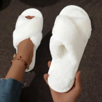 Pantuflas De Casa Para Mujer Con Tela De Peluche CrissCross Y Suela Suave Open Toe Fuzzy Caliente Invierno Pantuflas Cómodas Para Interno - details 11