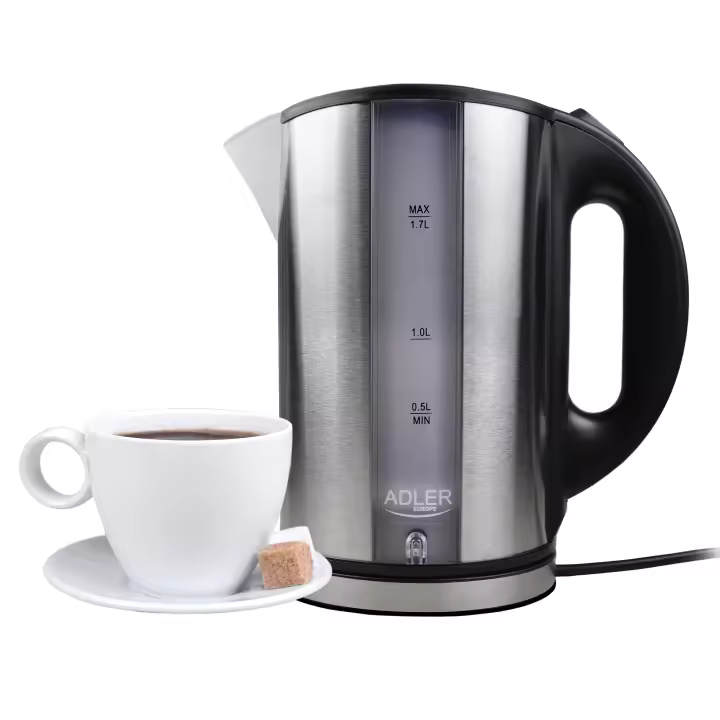 Adler AD 1216 Hervidor Agua Eléctrico, 1,7L, Acero Inox., Resistencia Oculta, Inalámbrico, Apagado Automático, 2200W, Plata - 1