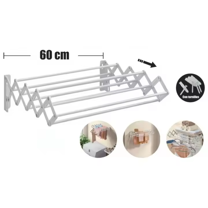 Tendedero Extensible Pared 80/100cm - Tendedero Plegable de Pared de Interior o Exterior de Acero Blanco - Tendedro con 9 Barras y 6/7 Metros de tendido - 1