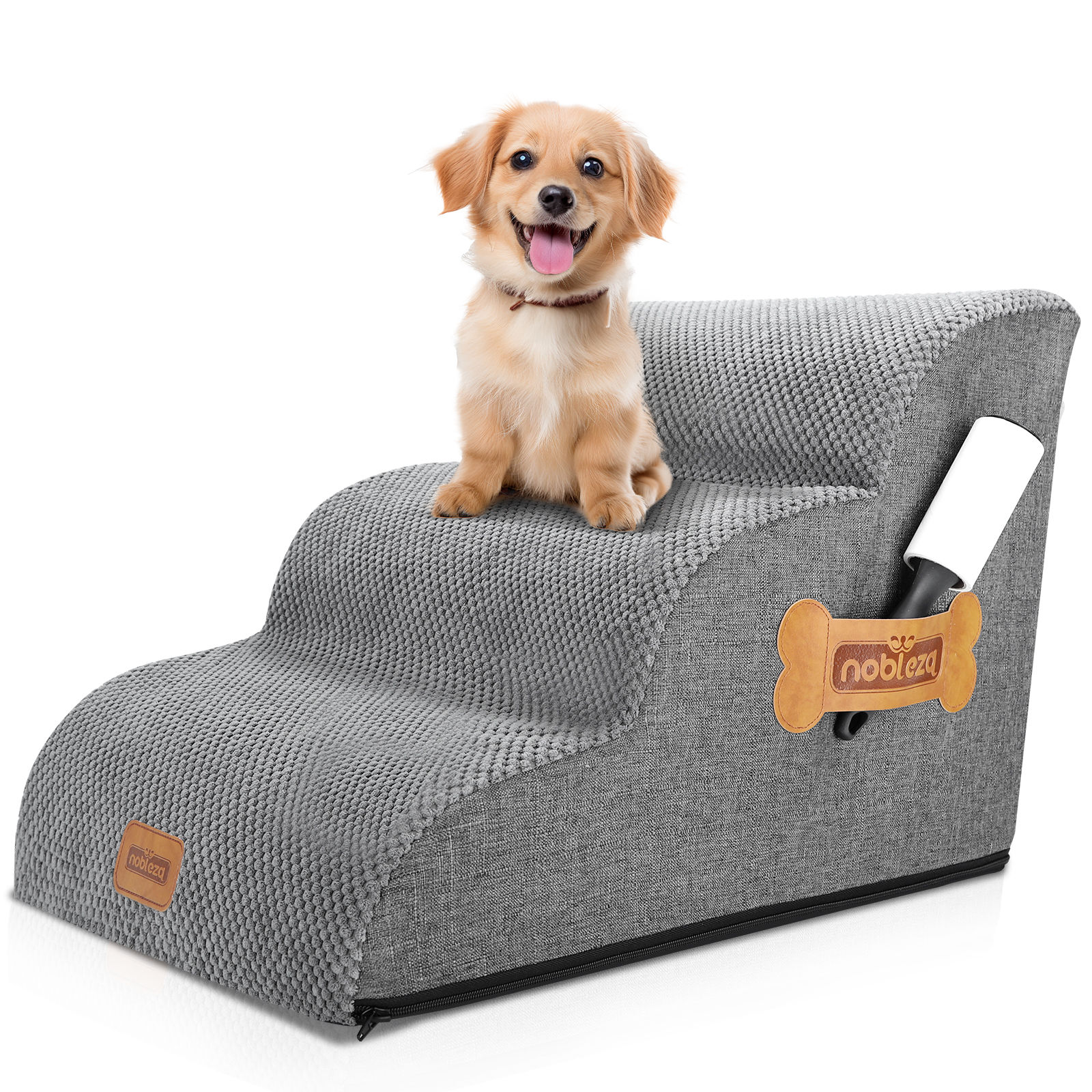 Nobleza - Escalera para Perros, Escaleras Rampa para Perros Mascotas de Espuma de 3 Escalones con Rodillo para Pelusa, Escalera para Cama de Perros Pequeños Perros y Gatos Subir a la Cama