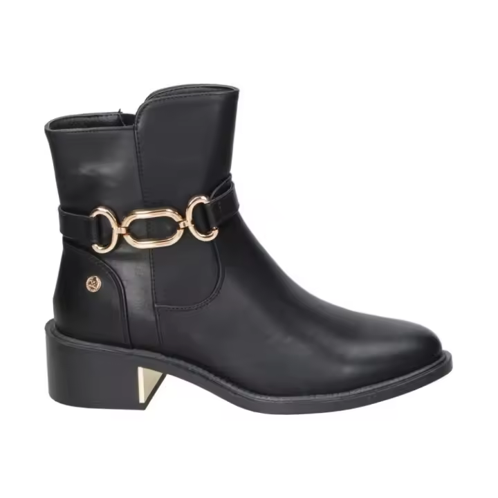 XTI | Botines de Tacón XTI para Mujer – Botines con Tacón Negros con Detalle de Henbilla – Botín con Cremallera Lateral – Tacón Medio y Cómodo – Combinables y Versátiles – Polipiel – Modelo 144398 - 1