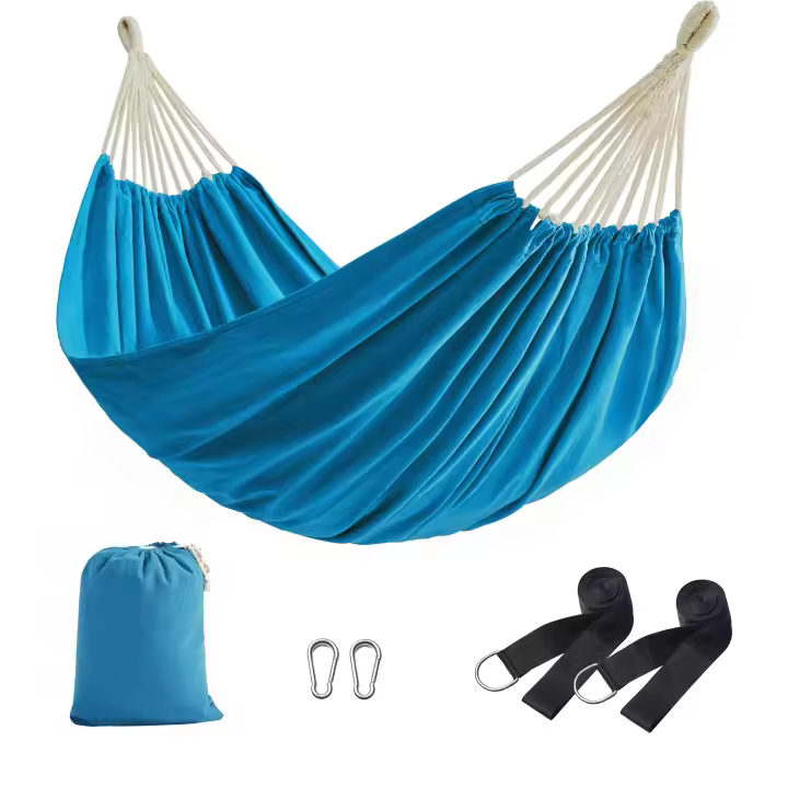 SONGMICS Hamaca, 210 x 150 cm, Hamaca Doble, Carga de 300 kg, para Jardín, Terraza, Balcón, al Aire Libre, Camping, Bolsa de Transporte, Correas de Fijación y Mosquetones, Beige/Azul/Gris - 1