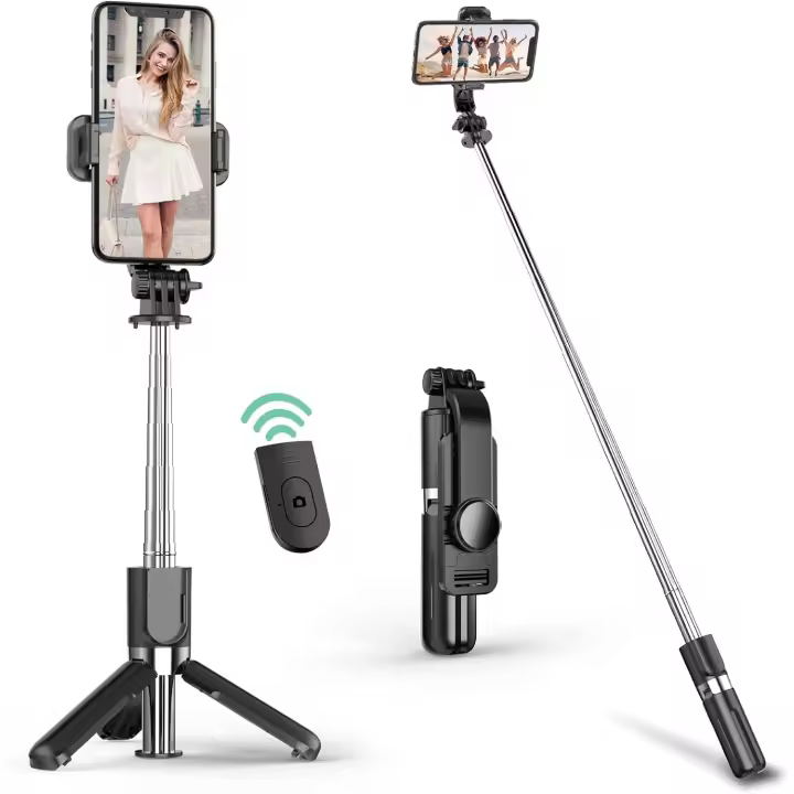 Palo Selfie Tripode para Movil, Palo para Selfie y trípode con Luz de Relleno para Smartphone, con Mando a Distancia Bluetooth, Palo para Selfie retráctil y plegable Ajustable de 19.5-100 cm, Soporte Giratorio de 360° para movil. - 1