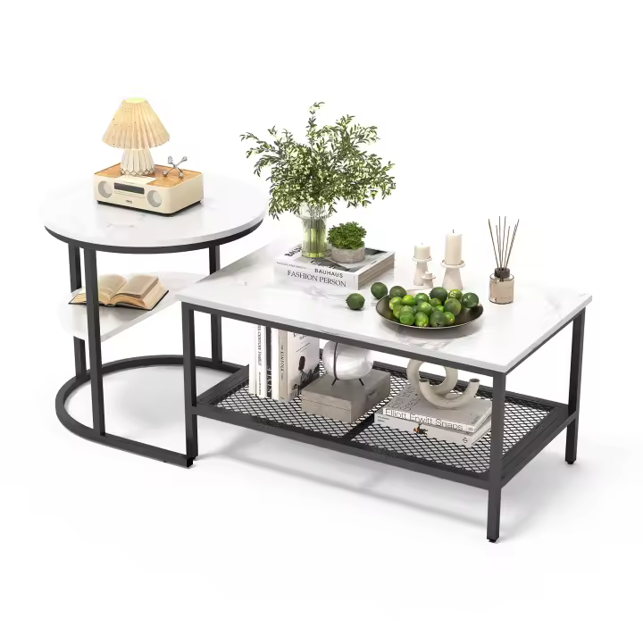 Set de Mesas de Centro Modernas Negras con Estante, Tablero Efecto Mármol Blanco, Diseño Nido 70/45 cm, Estructura Metálica con Rejilla para Salón - 1
