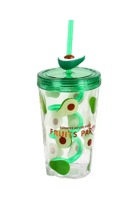 450ml Plastic Tumbler Cup with Fun Spiral Twisty Straw | Double Wall Clear Fruit Reusable Iced Coffee Mug | Cute Summer Juice Drinkware with Topper Lid for Office & Home - 1