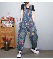 Traje De Piernas Anchas Para Mujer Con Estampado Floral Y Bolsillos Estilo Casual Streetwear Denim Rompers De Talla Grande Con Cinturones Y Mangas - details 5