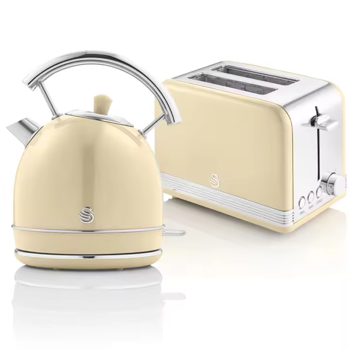 SWAN STP7050CNEU Retro Set Desayuno Hervidor de Agua 1,8 L Inalámbrico, Tostadora 2 Rebanadas Anchas, Vintage, 850W, Crema - 1