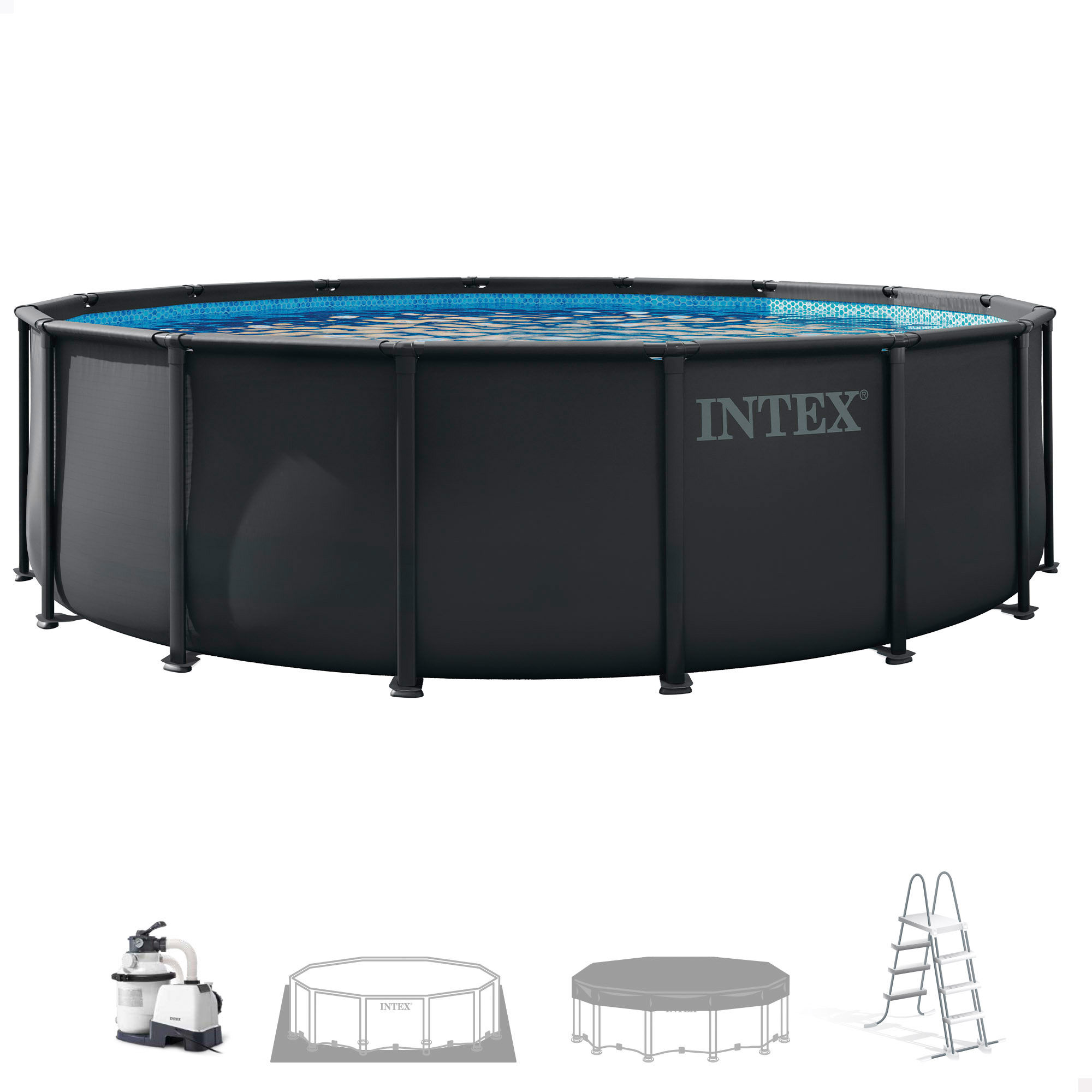 INTEX - Piscina desmontable redonda, Ultra XTR, gris oscuro, lona triple capa, estructura metálica anticorrosión, depuradora de arena, escalera desmontable, tapiz protector, cobertor, tecnología Hydro Aeration, piscinas redonda desmontable