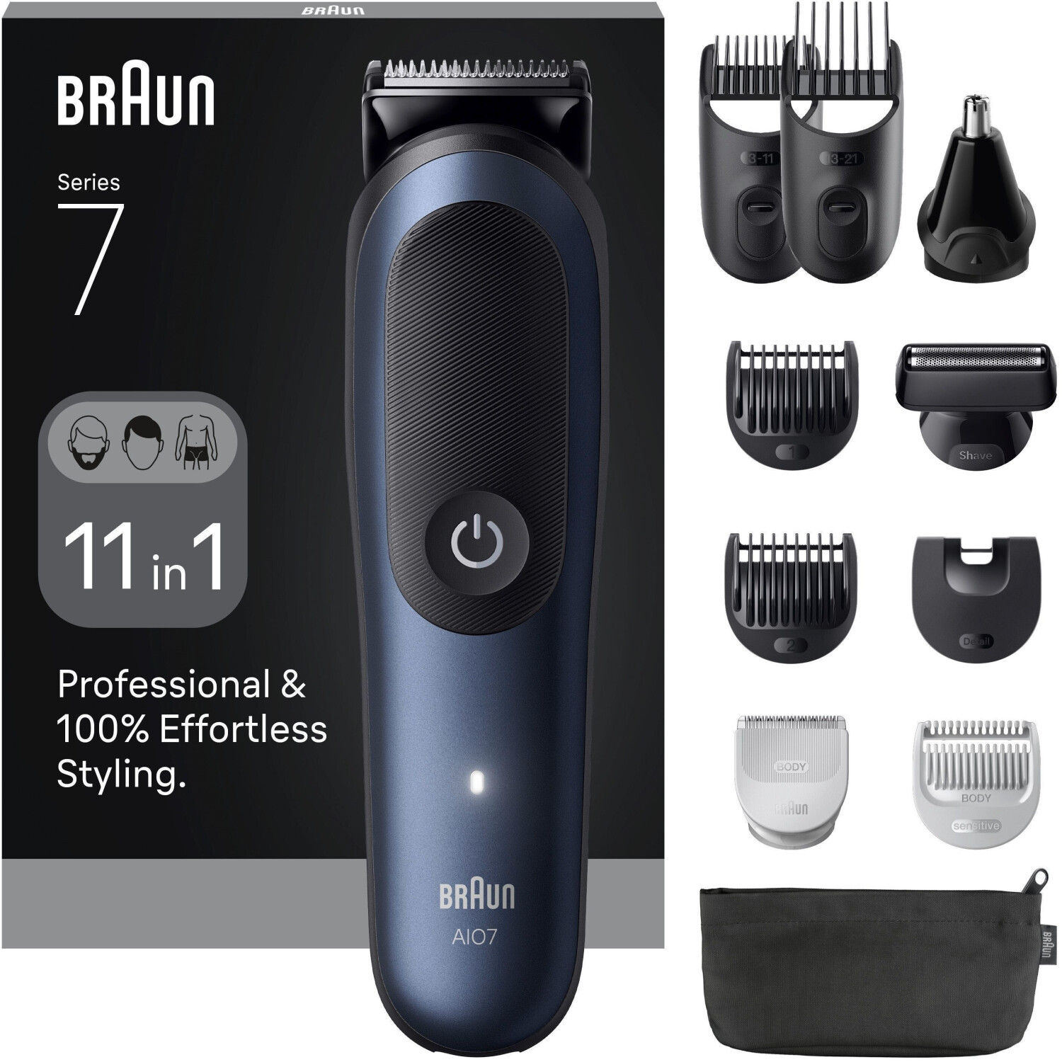 Braun Recortadora Todo en Uno Series 7 para Afeitado Masculino, Recorte Barba, Depilación Masculina, Corte de Pelo, Nariz y Orejas Láminas Ultraafilada, Resistente Al Agua y Recargable- Modelos AIO7540 y AIO7580, Producto Europeo con Garantía Oficial.