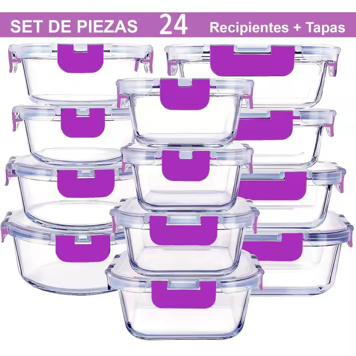 Recipientes de Cristal Para Alimentos - 24 Piezas (12 recipientes y 12 tapas) - Apto lavavajillas - 1