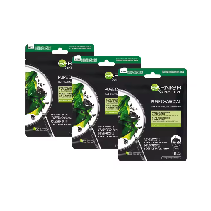 Garnier Skin Active Black Mask Tissu Pure Charcoal – Mascarilla de tejido con extracto de alga negra y ácido hialurónico para pieles con poros dilatados - 1