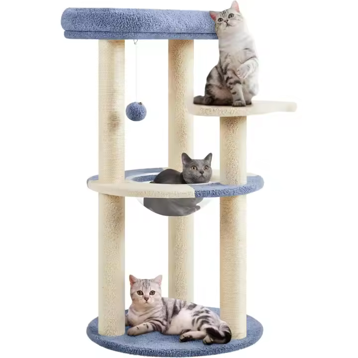 Árbol Rascador para Gatos Torre con Soporte en Forma de Pez Sisal Tazón de Gato Transparente 48.5x48.5x90 cm Azul y Beige - 1