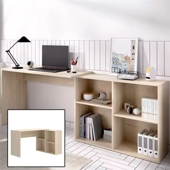 Dekit Escritorio Axy con Estantería Incorporada y 2 Opciones de Montaje en Tablero Melaminizado Natural - 1