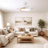 Ventilador de techo led con luz led 48W modelo AMAPOLA NIGHT con aspas retráctiles blanco/madera Ø108cm. Motor DC silencioso, Sistema CCT. Control remoto con temporizador, luz regulable en color e intensidad. Memoria, modo brisa marca CRISTALRECORD - details 2