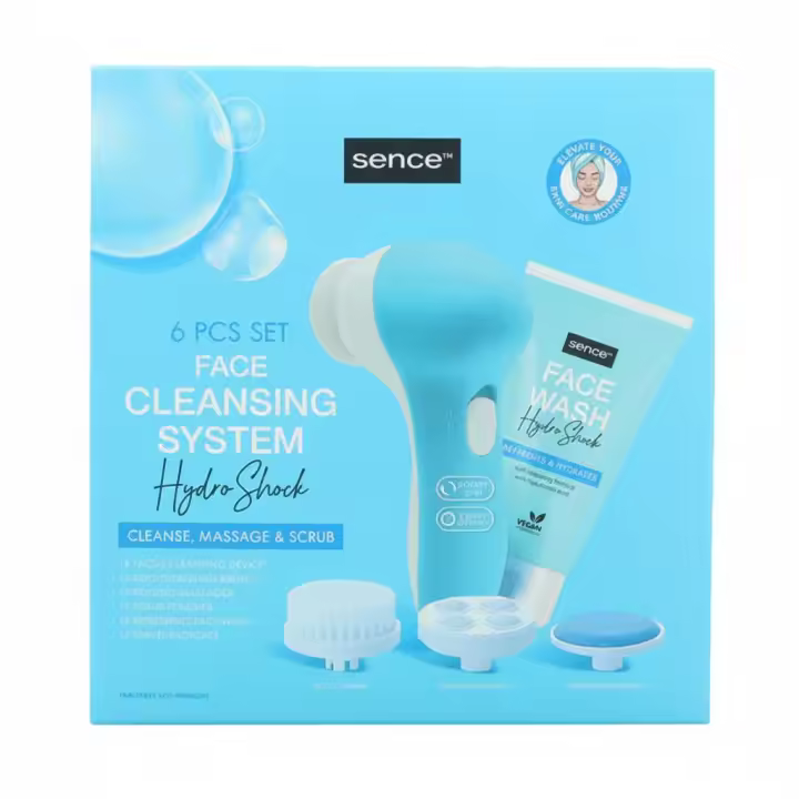 Set Limpieza Facial Sence Hydro Shock 6 Piezas. Incluye dispositivo rotatorio 2 velocidades, 3 cabezales intercambiables, gel limpiador 50 ml y neceser. Limpia, exfolia y masajea. Con ácido hialurónico. 🚚 Envíos España 24/48 horas. - 1