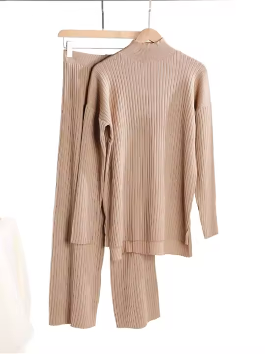 Conjunto De Ropa De Invierno Para Mujer REALEFT 2 Piezas Suéter De Cuello Medio Y Pantalones De Pista Tejidos De Alta Estiramiento Estilo Oficina Lady - 1