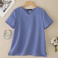 Blusa a Cuadros ZANZEA Para Mujer Verano Manga Corta Cuello V Casual Ligera Tops De Verano Blusas Para Mujer OL Trabajo - details 6