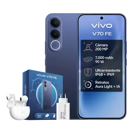 Teléfono – vivo V70 FE 5G Bundle, 8GB+256GB, Cámara de 200MP con OIS, Batería 7000mAh y Carga 90W, Pantalla 1.5K AMOLED 120Hz, IP68/IP69, eSIM, 5 años de actualizaciones, Incluye:: Auriculares Buds Air3 + Cargador 90W - 1