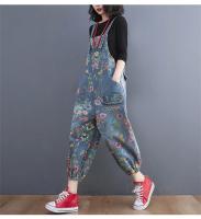 Traje De Mujer Estilo Callejero Floral Impresión Denim Con Tirantes Dungarees Rompers Cargo Pantalones Anchos De Pierna Pantalones De Sobrero - details 2