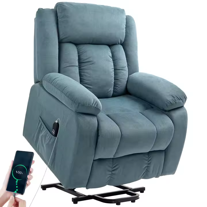HOMCOM Sillón Relax Reclinable Eléctrico Levanta Personas Mayores, con Puerto USB, Sillón Elevador, con Control Remoto, Asiento Ancho, Reposapiés, Tapizado en Terciopelo, Bolsillos Laterales, Azul - 1