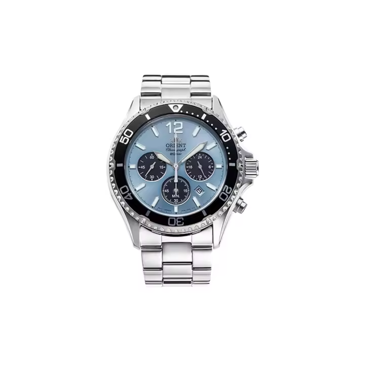reloj cronógrafo hombre solar Orient Sports Chronograph Ice Blue Panda RA-TX0206L 42.8mm 200m WR cristal de zafiro correa de acero (funciona con energía solar o luz) - 1