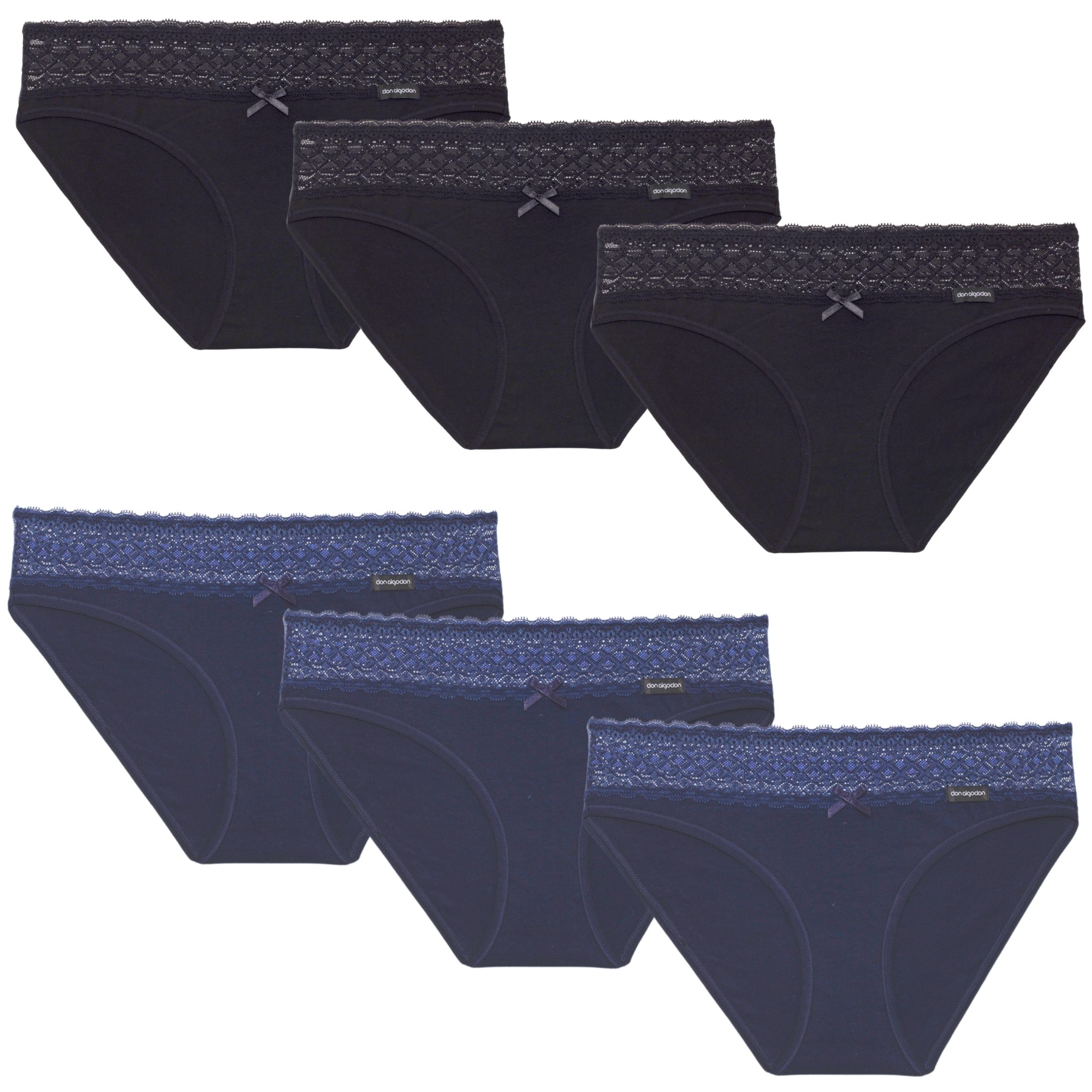 DON ALGODON | Pack de 6 Braguitas con Cintura de Encaje de Algodón | Suaves y Transpirables | 3 Braguitas de cada Color: Marino y Negro | Braguitas Lencería Sexy Mujer Algodón