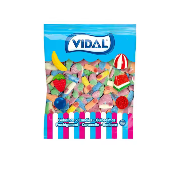 Gominolas Vidal Megasurtido Ácido bolsa de 1 Kg - Megasurtido ácido compuesto por fresas, dedos y pies. Todo un mix de clásicos recogidos en una única bolsa. Predominan el sabor fresa y frambuesa - Sin gluten y sin grasa - 1