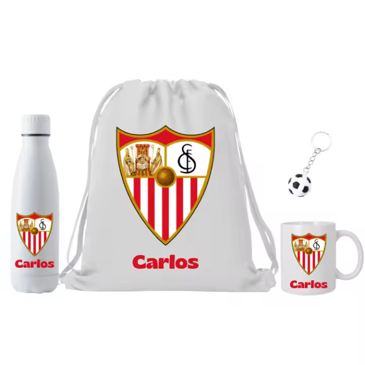 Escudo Sevilla FC Personalizado - Mochila + Botella termo acero700ml + taza cerámica 350ml -Escudo Sevilla FC + nombre - Regalo para niño mujer o hombre - 1