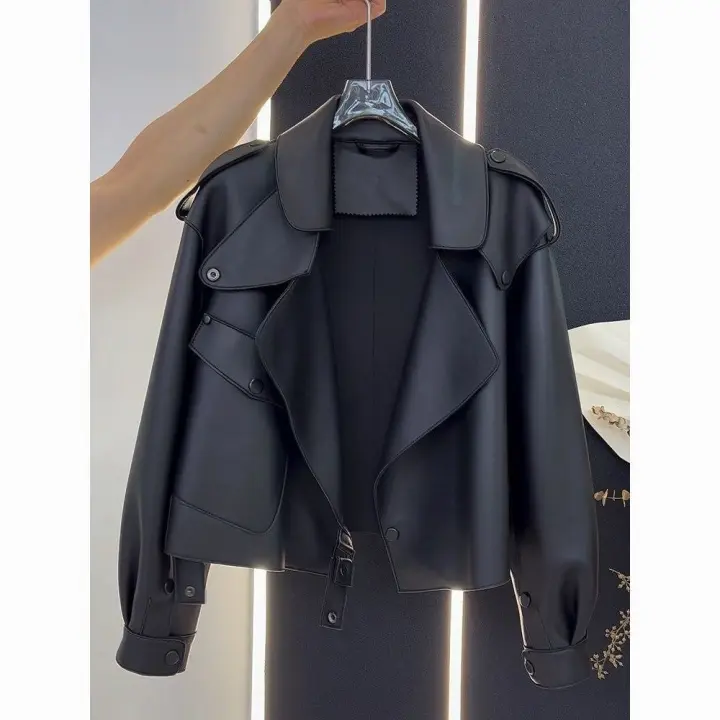 Chaqueta De Cuero Negro Retro Americana Suelta Para Mujer Estilo Locomotora Primavera Otoño Cierre De Botones Motociclista Sin Capucha - 1