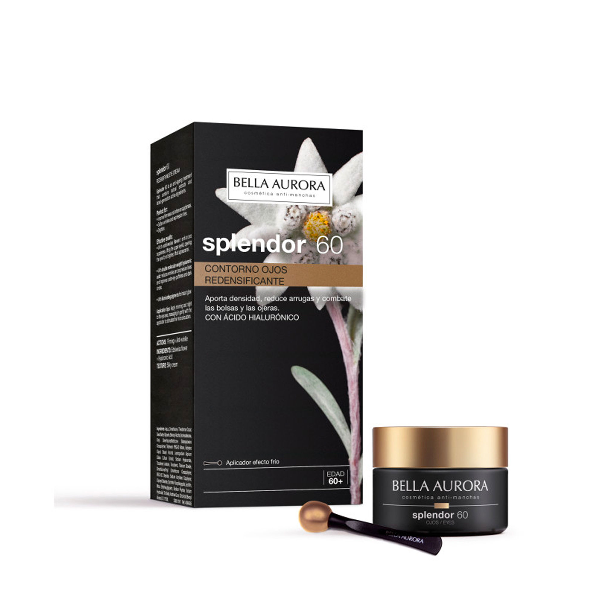 BELLA AURORA - Contorno de Ojos Splendor 60 15ml, con Espátula de Efecto Frío, para Arrugas, Líneas de expresión, Bolsas y Ojeras, con Ácido Hialurónico y Extractos Botánicos, Hidratante