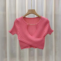 Top Ribbed Para Mujer Con Cadena Crisscross Y Cuello V Corto De Encaje Knitted Ajustado Estilo Y2K Para Primavera Verano - details 5
