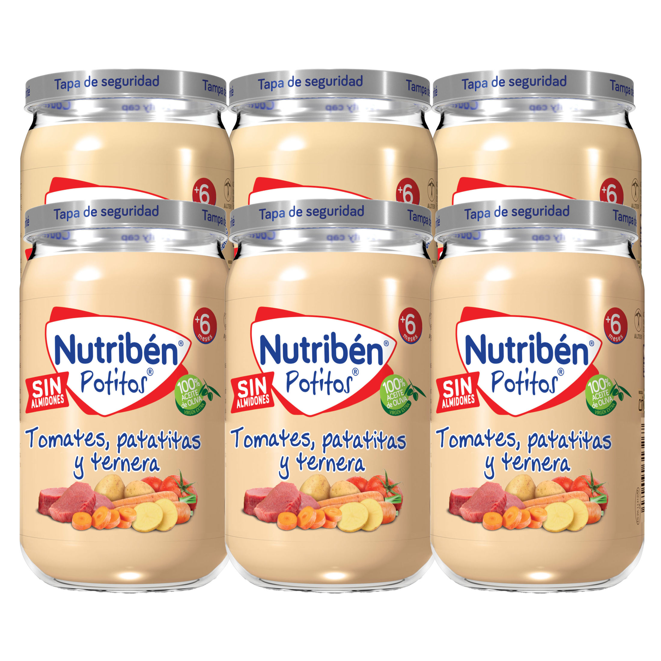 Potitos Nutriben - Tarritos Comida Bebé de Carne A Partir de 6 Meses | Tomates, Patatitas y Ternera - Sin Aceite de Palma - Sin Gluten | Fabricado con Alimentos Naturales, Aceite de Oliva 100% Virgen Extra - No Contiene Leche ni Huevo | Pack de 6