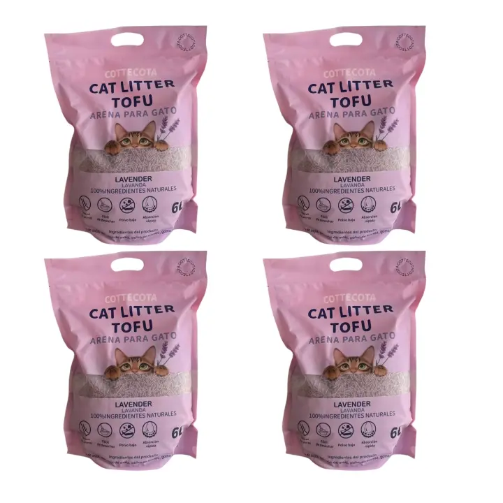 COTTECOTA - Pack 4 Arena Tofu para Gatos 6 L Vainilla Lavanda Café Tofu ecológico Vegetal, Lecho natural para Gatos Libre de Polvo Arena Natural Aglomerante ,Arena para mascota vegetal absorvente , Arena de tofu para gatos antiolor y absorvente - 1