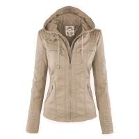 Chaqueta De Cuero Sintético Para Mujer Estilo Motociclista Con Capucha Negro Otoño-invierno Cierre De Cremallera Largo Regular - details 15
